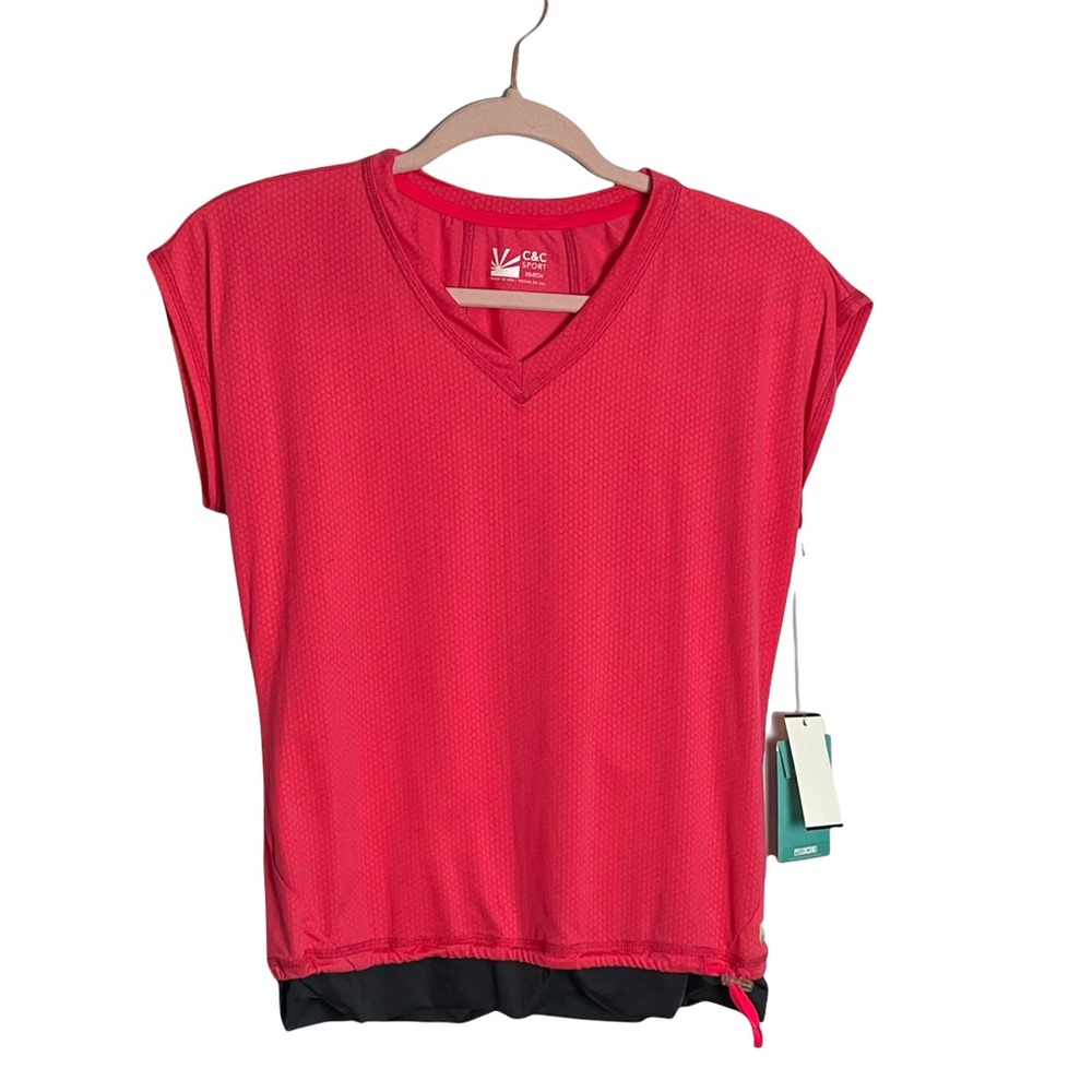 NWT C&C Sport neon pink workout top drawstring waist V neck